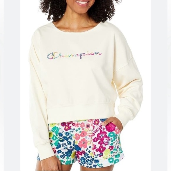 NEW Champion size XL French Terry Sweatshirt Blue Floral Logo Cropped Relaxed - Picture 11 of 11